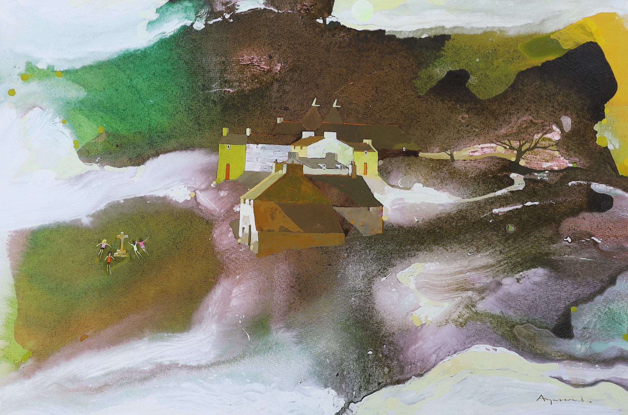 Impressionist mixed media, Rural landscape with cottages, indistinctly signed, 49 x 74cm